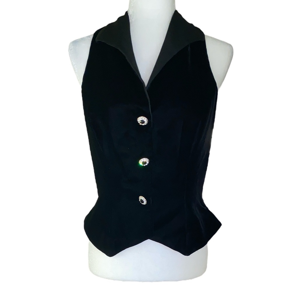 Vintage Anthony Vask Black Velvet Rhinestone Fitted Cropped Vest